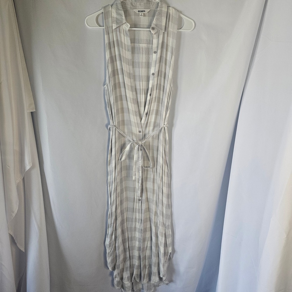 BB DAKOTA Sleeveless Plaid Button‎ Front Maxi Shirt Dress Beige Grey Size S